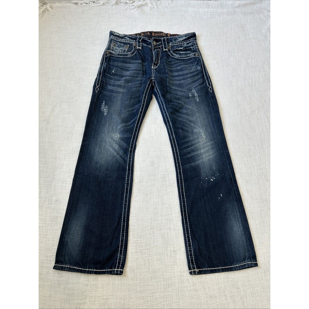 Rock Revival Mason Boot Jeans Men's 32x32 Distressed Dark Wash Thick Stitch Y2K